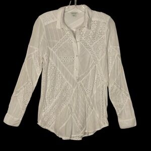 Sundance White Patchwork Eyelet Lace Henley Top Womens XS Cotton Cottagecore